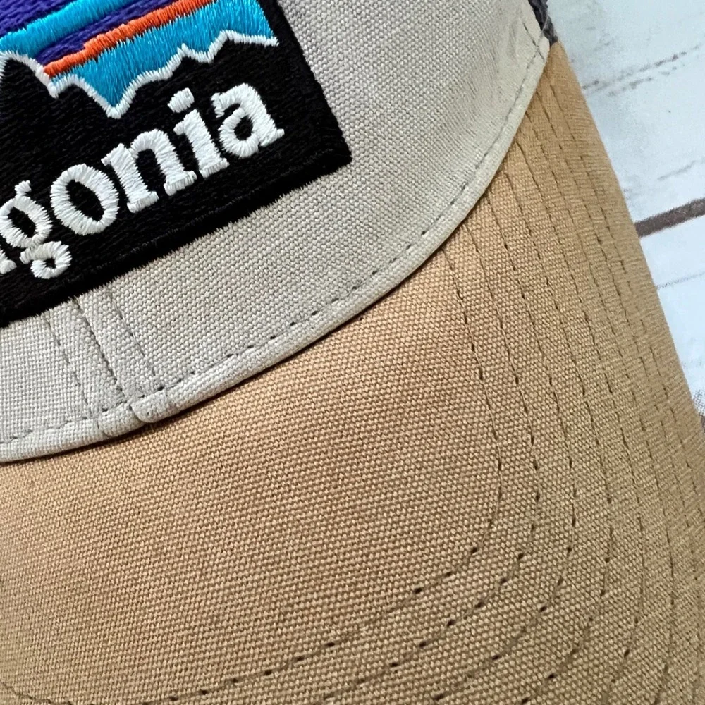 Patagonia Trucker Hat Tan Beige P-6 Logo Mesh Snapback OSFA